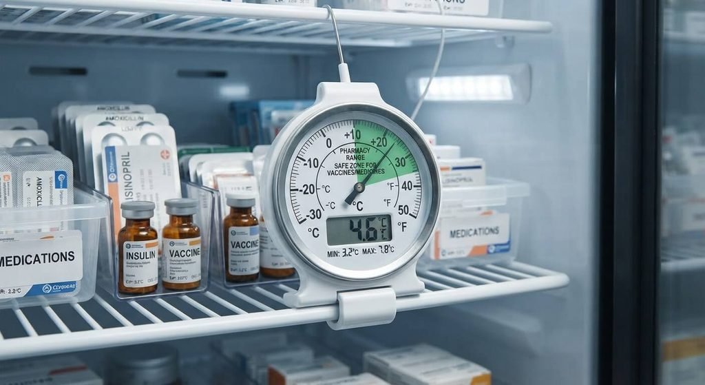 Orgalutran : conservation au frigo ou à température ambiante ? 3 Thermomètre intérieur de réfrigérateur montrant une zone de stockage pour médicaments.