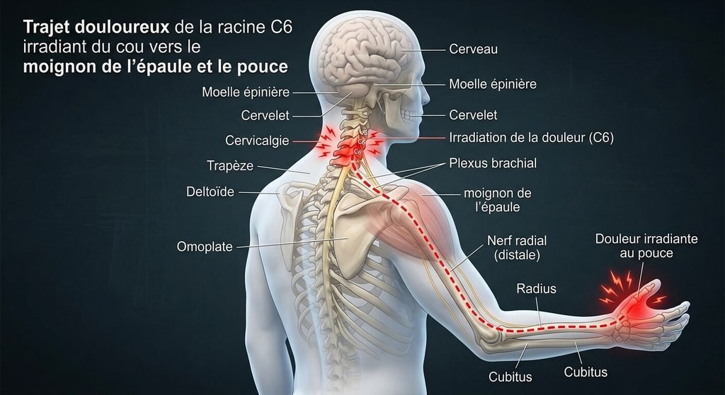 Trajet douloureux de la racine C6 irradiant du cou vers le moignon de l'épaule et le pouce.